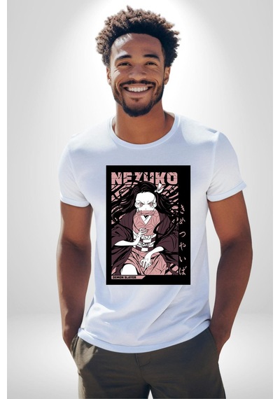 Nezuko Demon Slayer Unisex Unisex Beyaz Organik Baskılı T-shirt Penye Yüksek Kalite Beyaz