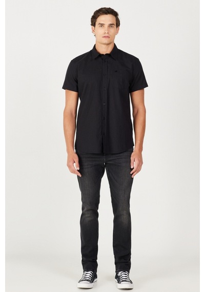 Wrangler Regular Fit Normal Kesim Kısa Kollu Düğmeli Yaka Keten Gömlek W5J7LO100 Siyah
