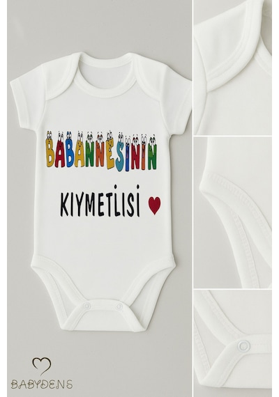 Babyden's Babaannesinin Kıymetlisi Yazılı Çıtçıtlı Bebek Body Tulum %100 Pamuk Kısa Kollu Zıbın Unisex Beyaz