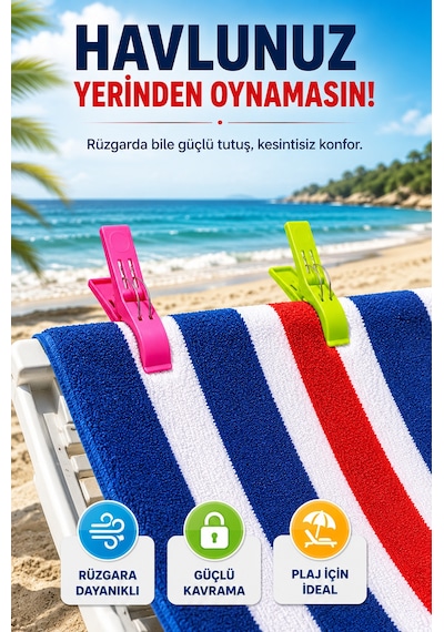 2'li Set Xl Boy Şezlong Mandalı Çift Telli Plaj Havlusu Halı Battaniye Çamaşır Mandalı Karışık Renk Renkli