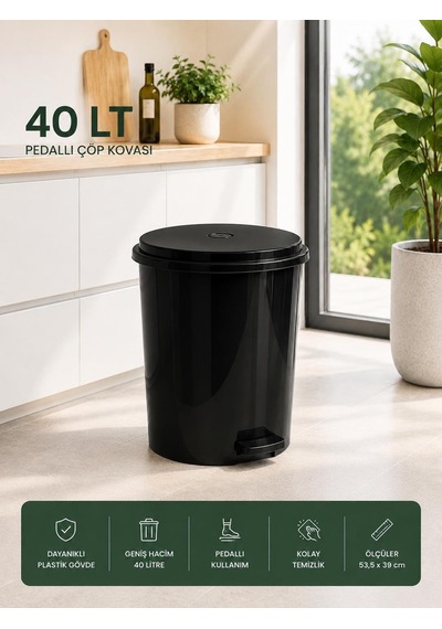 40 Lt Pedallı Plastik Çöp Kovası Dayanıklı, Hijyenik Ev & Ofis Çöp Kutusu Siyah