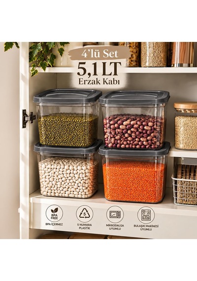0976 4'lü Kare Erzak Saklama Kabı Seti 5,1 Lt Koyu Gri - Şeffaf Bakliyat, Deterjan & Mutfak Düzenleyici Kutu Diğer