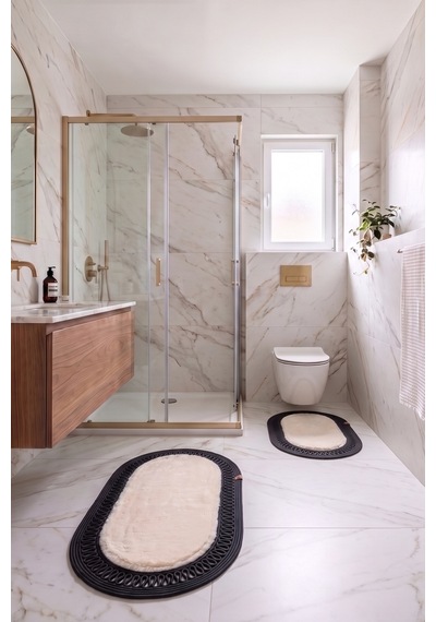 Banyo Paspası Takımı 60x100+40x60 Cm İç Trikot Bej & Siyah Bej - Siyah
