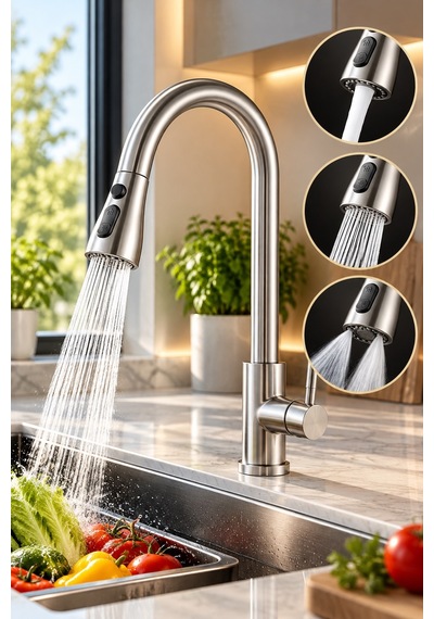 Alfas Spiralli Mutfak Eviye Bataryası İnox 3 Buton Fonksiyonel Yağmurlama Basınçlı 304 Çelik Inox