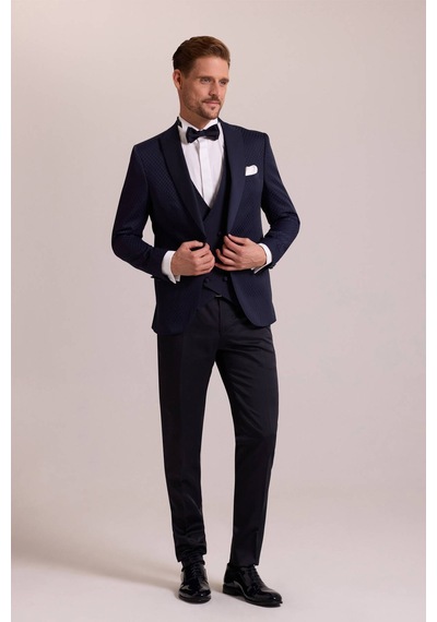 Ysf Erkek Lacivert Kırlangıç Yaka Yelekli Desenli Slim Fit Damatlık