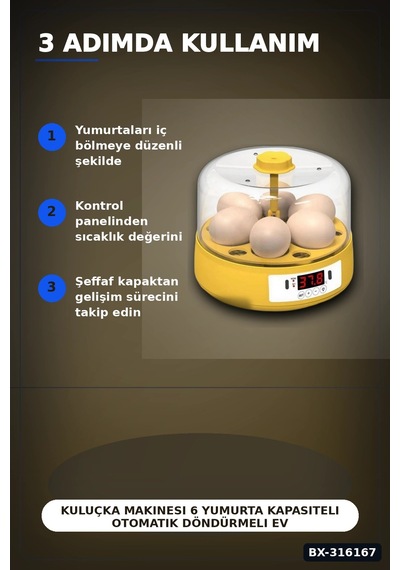Kuluçka Makinesi 6 Yumurta Kapasiteli Otomatik Döndürmeli Ev Tipi Mini Bx-316167