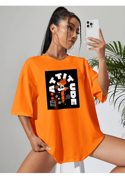 Uyguntarz Unisex Attitude Tasarım Basklı Tshirt Turuncu