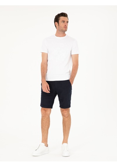 Cacharel Lacivert Regular Fit Beli Lastikli %100 Keten Şort