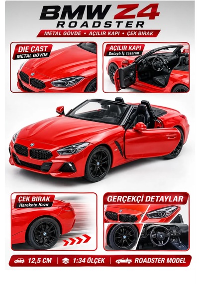 Oyuncak Bmw Z4 Diecast Açılır Kapılı Çek Bırak Metal Roadster Cabrio Model Spor Araba 1:34 Ölçek 12,5 Cm Kırmızı