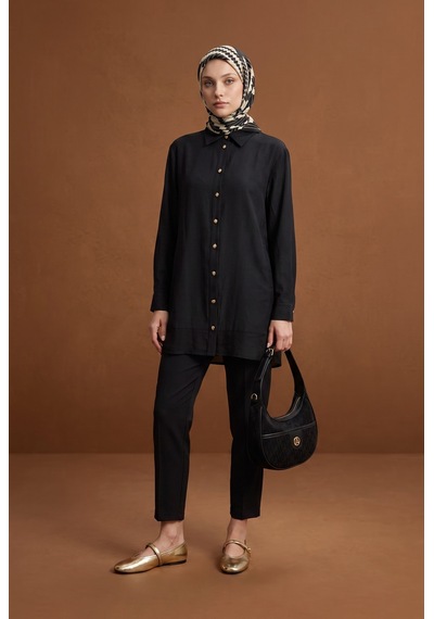 Armine Trend Gold Düğme Detaylı Klasik Yaka Uzun Tunik Rahat Kesim Şık Tesettür Tunik Modeli 89 Cm Boy Siyah 26yt471