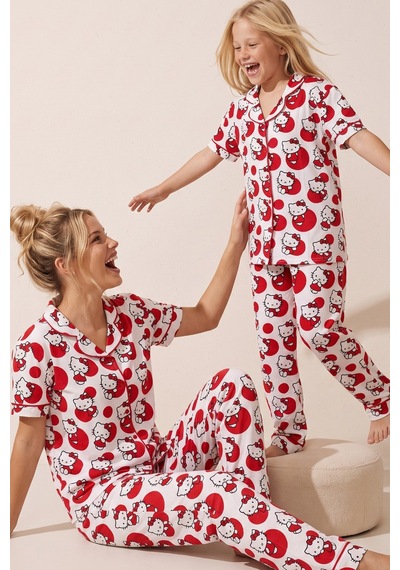 Siyah İnci Hello Kitty Lisanslı %100 Pamuk Pembe Çok Renkli Düğmeli Biyeli Pijama Takım 26120451 Beyaz