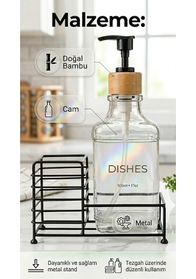 Makri Home Metal Stantlı Bambu Kapaklı Cam Sıvı Sabunluk/deterjanlık, 500 Ml, 15 8,5 23 Cm Şeffaf