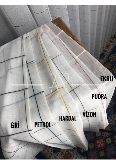 Tül Perde Gülal Desen Kareli Çizgili Etek Kurşunlu Düz Tül Ekru