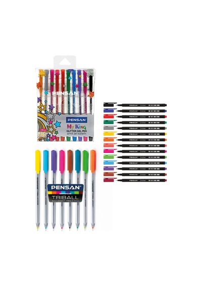 My King Simli Jel Kalem - Triball Renkli Tükenmez Kalem - Fineliner Keçe Uçlu Kalem Set Karışık