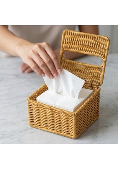 Kapaklı Hasır Peçetelik Kutu 13x13x9 Cm Doğal Rattan Peçete Saklama Kutusu -