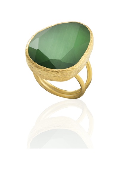 Kadir Jewellery 22 Ayar Altın Kaplama Kadın Fosil Taşlı Yüzük Yeşil