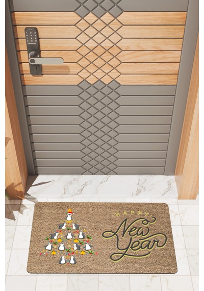 Rugmood Modern Dijtal Baskı Penguan Happy New Year Kapı Önü Paspası Çok Renkli