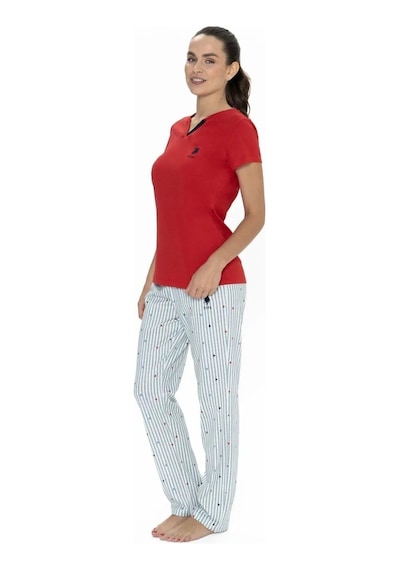 U.s. Polo Assn. Kadın V Yaka Yarım Kollu Patlı Çizgili Pijama Takım Kırmızı