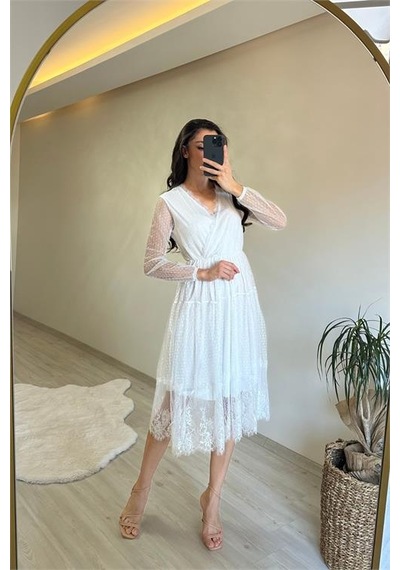 Neşeli Butik Kadın Kruvaze Yaka Dantelli Tül Elbise Nm010 Beyaz