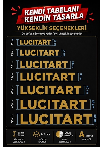 Alucor Kişiye Özel Aynalı Harf Tabela Gold / Gümüş Alucor Harf 20-50 Cm Hazır Şablonlu Kolay Montaj Ofis, İş Yeri Ve Kapı Tabelası Gümüş