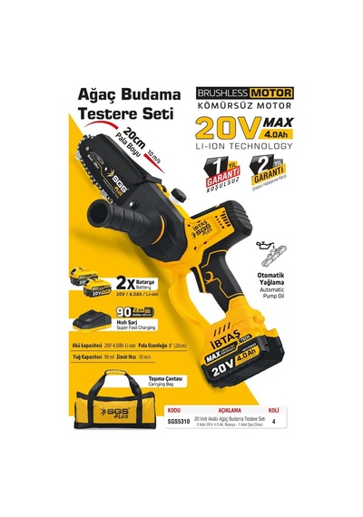 Sgs5310 20cm 20 V 4 Ah Profesyonel Kömürsüz Budama Testeresi Ağaç Kesme Makinası Motoru