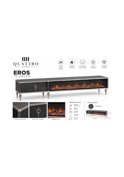Eros Elektrikli Şömineli Tv Ünitesi Antrasit Gümüş Detaylı Modern Tasarım 160 Cm