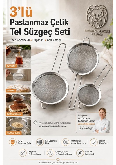 3lü İnce Gözenekli Premium 18/10 Paslanmaz Çelik Mutfak Tel Süzgeç Seti Çay Süzgeci Un Kakao Eleği 723475 Çok Renkli
