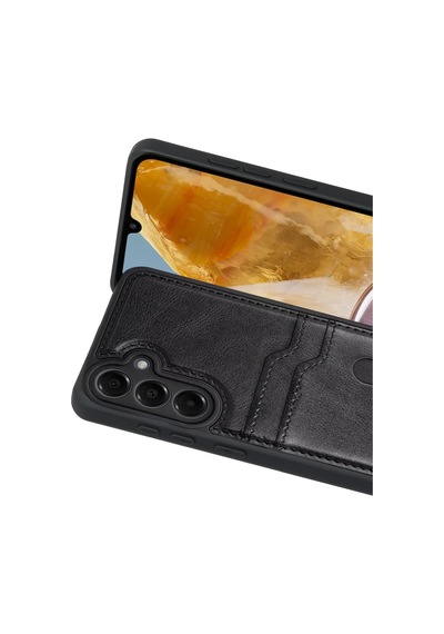 Samsung Galaxy M15 Sara Kartvizitli Deri Kılıf - Siyah renkli