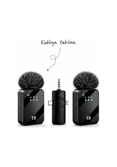 Sprange 3ın1 Kablosuz Yaka Mikrofonu Type-c Lightning Ve 3.5mm Aux Çift Mikrofonlu Dijital Ekranlı Telefon Kamera Tablet Uyumlu
