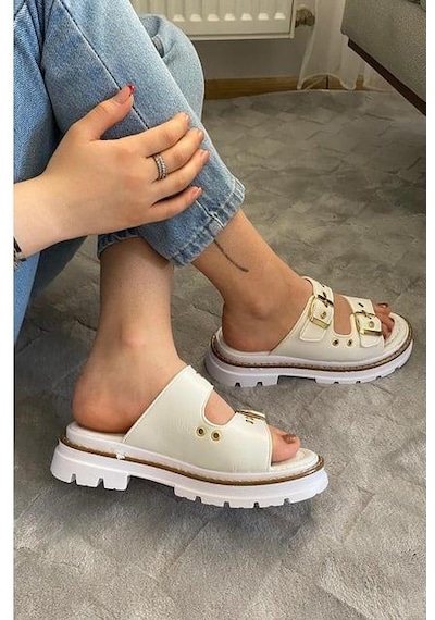 Asmi Shoes Kadın Çift Bant Kapsül Detaylı Kalın Taban Ortopedik Terlik Beyaz Beyaz