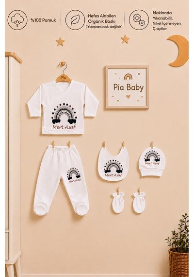 Pia Baby Erkek Bebek Zıbın Seti 5'li İsimli Kişiye Özel %100 Pamuk Organik Baskılı 1086zyx Krem