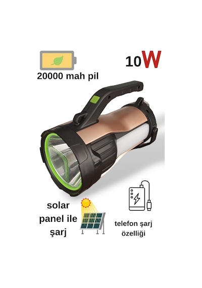 Ultra Güçlü 7 Farklı Moda Sahip Güneş Enerjili Powerbank Özellikli El Feneri T96