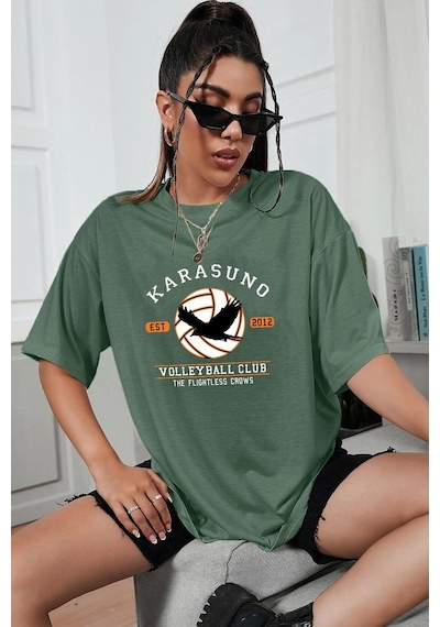 Unisex Karasuno Baskılı T-shirt Yeşil