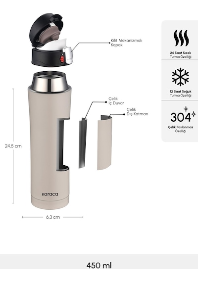 Karaca Pluton Çelik Sızdırmaz Termos Krem 450 ml
