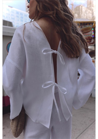 Suud Collection Beyaz %100 Keten Minnie Bağlamalı Bluz