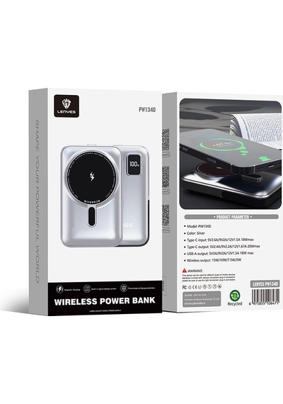 Lenyes Pw134d 15w 10000mah 20w Ultra İnce Dijital Led Ekranlı Standlı Wireless Powerbank Gümüş