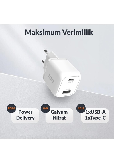 Juo 35W GaN USB-C + USB-A Şarj Aleti iPhone & Apple Uyumlu iPad  & Samsung PPS PD QC4.0 Type-C Hızlı Şarj Cihazı Beyaz