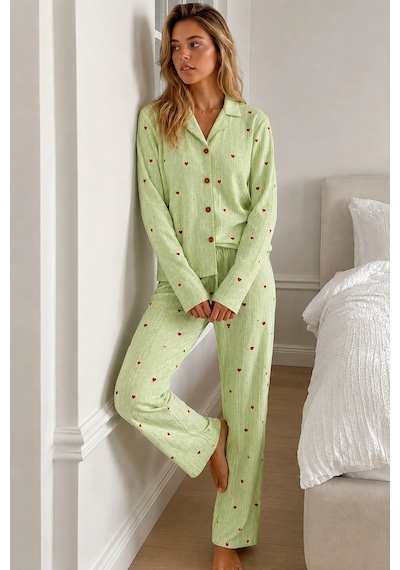 Womanandkids Night Yeşil Kadın Puantiyeli Uzun Kollu Düğmeli Pijama Takımı