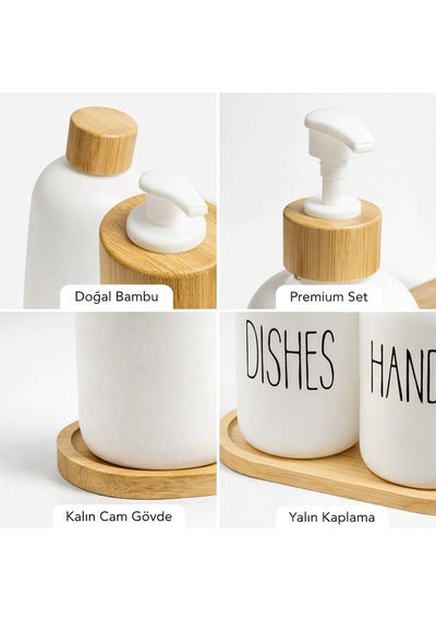 Bambu Stantlı Hands & Dishes 550 Ml Sıvı Sabunluk Seti, Mutfak Cam Sabunluk Beyaz