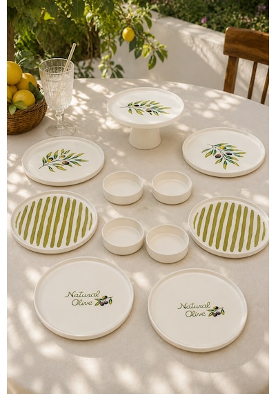 Oliva 11 Parça 6 Kişilik Stackable Seramik Kahvaltı Ve Servis Takımı Zeytin Desenli Beyaz