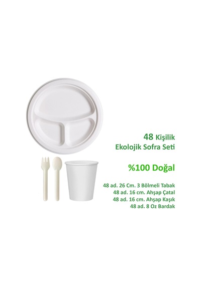 Ekolojik 26 Cm. 3 Bölmeli 48 Kişilik Parti Piknik Sofra Sunum Seti -tabak Bardak Çatal Kaşık Takımı