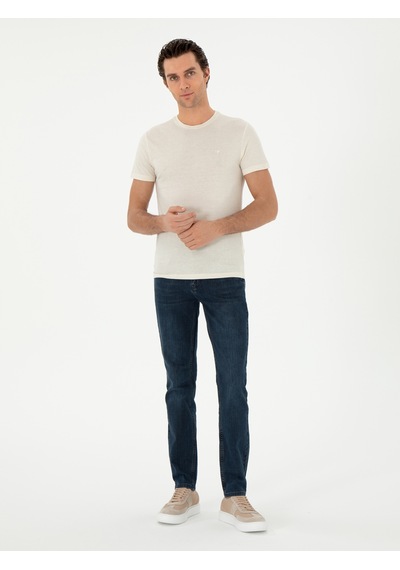 Ekru Slim Fit Keten Karışımlı Bisiklet Yaka T-shirt 15469610