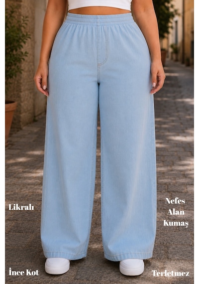 Cedy Denim Kadın Büyük Beden Yüksek Bel Palazzo Pantolon Yazlık İnce Kumaş Terletmez Likralı C633 Buz Mavisi