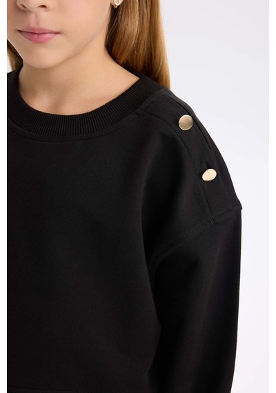 DeFacto Kız Çocuk Relax Fit Bisiklet Yaka Etek Ucu Detaylı Sweatshirt D0703A824AUBK81 Siyah