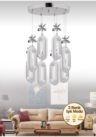 Alfa Led 8'li Krom 3 Renk Modu Ledli Kristal Taşlı Modern Led Avize Krom