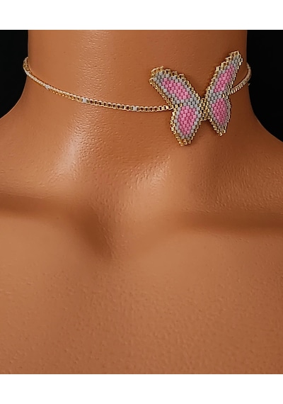 Harmel Jewelry Miyuki Pembe Kelebek Choker Kolye