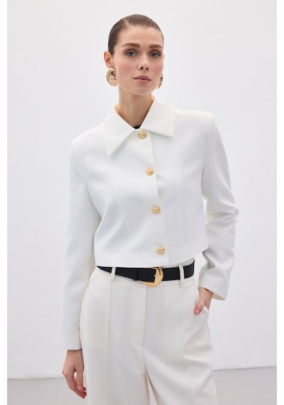 Sateen Düğmeli Kısa Ceket - Ekru-136591 Ekru