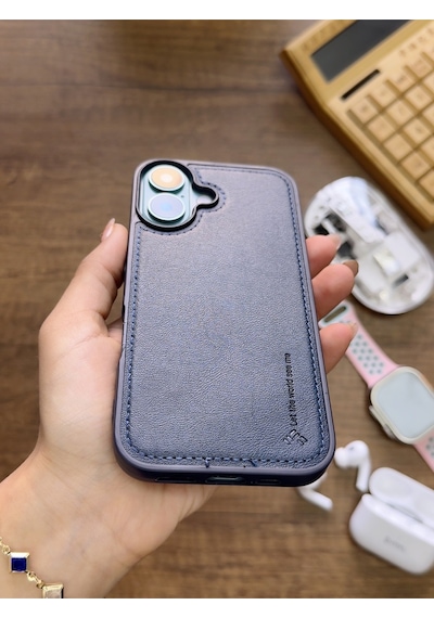 Apple iPhone 16 Uyumlu Premium Deri Dokulu Darbelere Karşı Dayanıklı Nazal Silikon Kılıf Lacivert