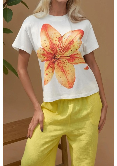 Hiccup Baskı Detaylı Regular Fit Bisiklet Yakalı %100 Pamuklu T-shirt Soluk Turuncu