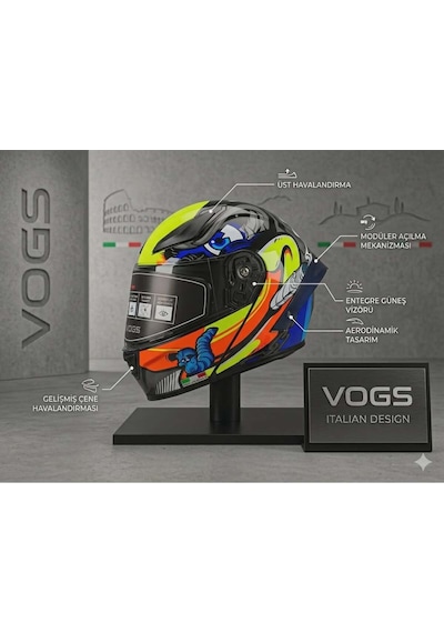 Ws-210 Güneş Vizörlü Çene Açılır Kask Mavi Sarı Şeffaf Vizörlü İtaly Dizany Çok Renkli